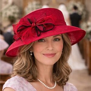 Angela & William Red Church Wedding Hat w Front Bow Feather